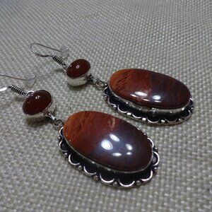 Natural RED RAINBOW JASPER & CARNELIAN Handmade Sterling 925 Earrings #551C